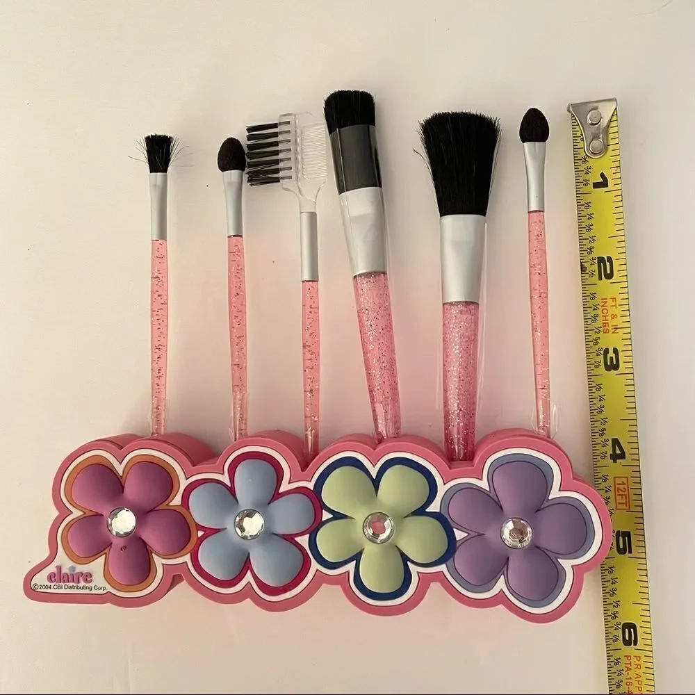 NWT Claire’s 6 Pcs Makeup Brush pink silver set with Colorful Flowers stand New